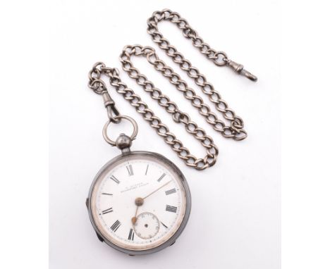 A Victorian hallmarked silver pocket watch with silver watch chain. The lot to include a hallmarked silver open-face pocket w