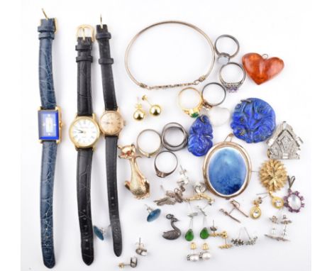 A collection of antique and modern costume jewellery and watches. The jewellery to include two carved lapis lazili pendants, 