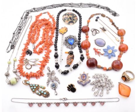 A collection of antique and later costume jewellery together with a 19th century Scottish sterling silver kilt pin. The jewel