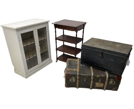 20th century painted side cabinet, enclosed by lead glazed doors (W75cm, H91cm, D37cm); early 20th century four tier stand; m