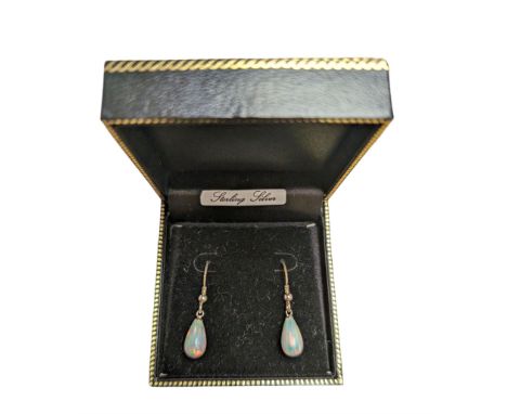 Pair of silver opal pear shaped pendant earrings, boxedCondition Report:L3.2cm