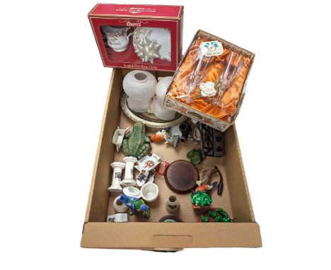 Collection of crested ware, pipes and pipe rack, three glass lampshades and other collectables