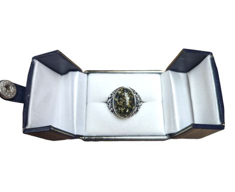 Silver green Baltic amber ring, with openwork gallery, stamped 925, boxed Condition Report:Size Q-R