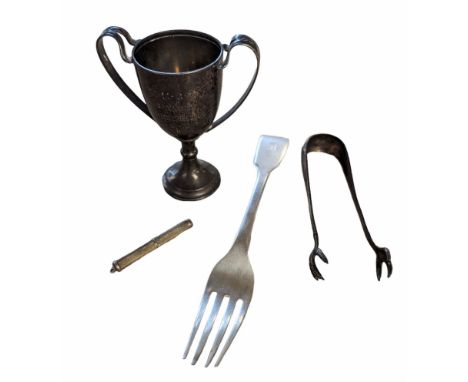 Group of silver, to include trophy, fork, toothpick and tongsCondition Report:Weighable 125 grams, tongs marks 800