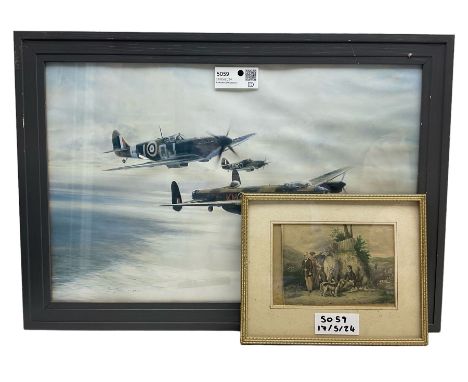 After Robert Taylor (British 1946-): Spitfires, print, signed by Leonard Cheshire, Johnnie Johnson, and Peter Townsend verso,