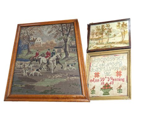 Victorian needlework sampler, depicting the alphabet, dated 1863, together with two needlework pictures, including hunting sc