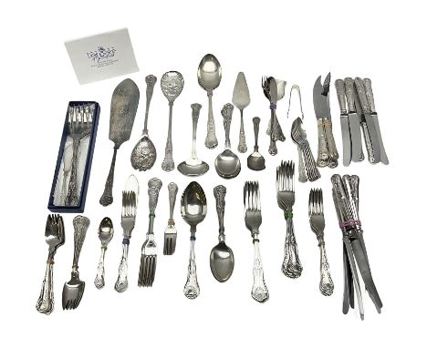 Silver Kings pattern knife, hallmarked Walker & Hall, together with a quantity of silver plated Kings pattern cutlery, includ