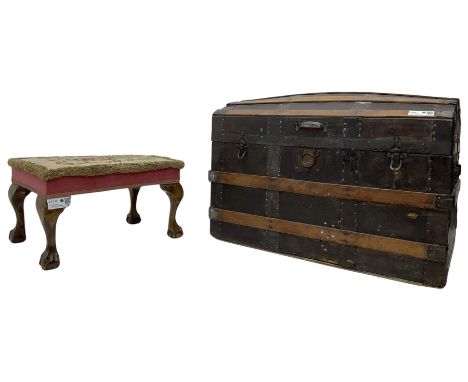 Victorian travelling trunk, hinged domed top, bound in etched leather and wooden slats with wrought metal fittings (W77cm, H5