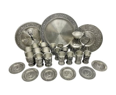 Collection of Zinn Becker pewter wares and similar, including goblets, ewer, clock, plates etc 