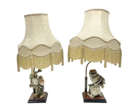 Two Giuseppe Armani figural lamps, the first modelled as an owl perched upon a book, the second modelled as a pair of owls pe