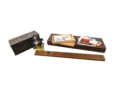Staffordshire style Dick Turpin figure, wooden box, metal box, Rabone & Sons level, first day covers and other stamps
