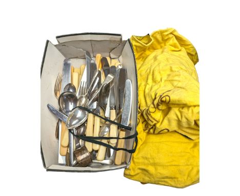 Silver napkin ring and a silver teaspoon, hallmarked, together with a quantity of stainless steel ivorine handled knives and 