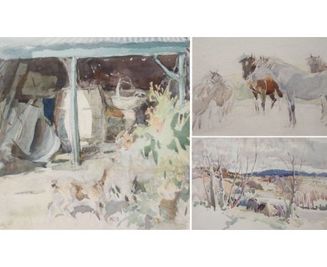 •NANCY JANE BURTON RSW (SCOTTISH 1891-1972) FARMYARD GOAT IN SUNSHINE; WINTER LANDSCAPE; HORSES Watercolour, signed initials 