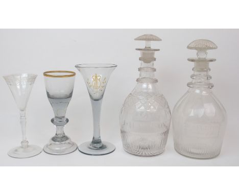 A COLLECTION OF 18TH AND 19TH CENTURY GLASSWARE including a three ring decanter, etched with a boat and W.E. Fulton Sunny Sid