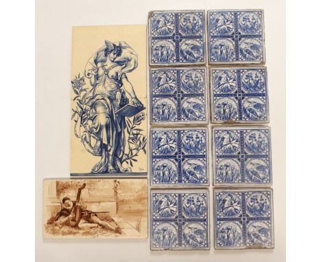 EIGHT MINTON TILES blue and white transfer printed with kingfishers, herons and flowers, moulded Minton Hollins mark to rever