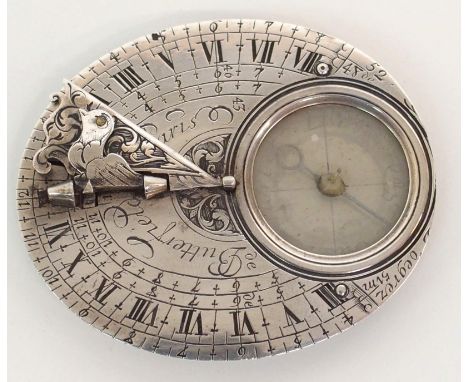 A RARE FOUR-SCALE SILVER POCKET COMPASS AND SUNDIAL by Michael Butterfield, Paris circa 1700, finely engraved bird gnomon wit