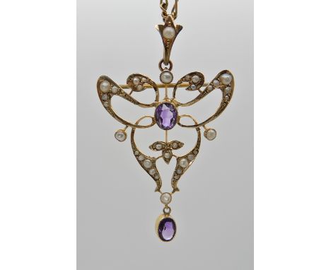 A 9CT GOLD EDWARDIAN PENDANT BROOCH set with amethyst and pearls, dimensions of the pendant 5cm x 2.9cm, with a 9ct gold vint