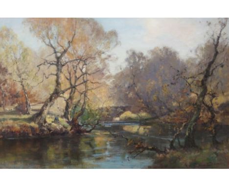 J A HENDERSON TARBET (SCOTTISH C.1865-1937) FISHING A RIVER IN AUTUMN Oil on canvas, signed, 61 x 91.5cm (24 x 36") Condition