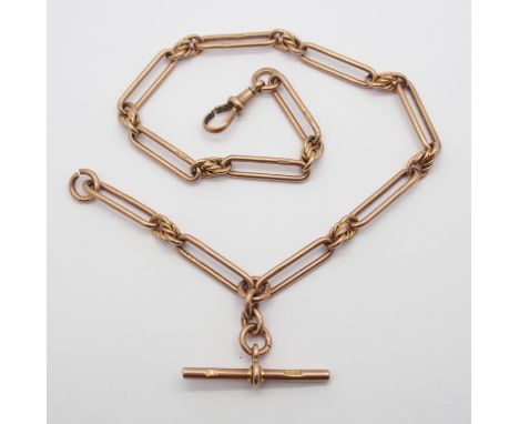 A 9CT ROSE GOLD FANCY FOB CHAIN hallmarked to every long link, 'T' bar and clasp, length 34.5cm, weight 29.8gms Condition Rep