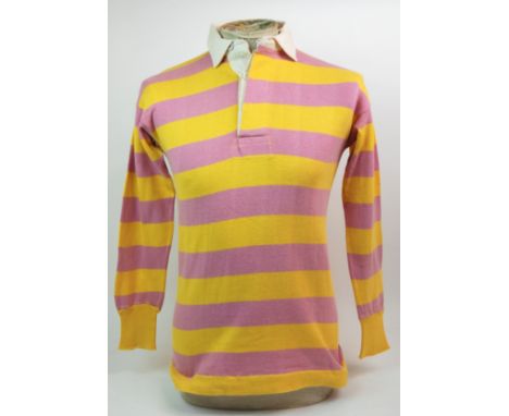 A PRIMROSE AND PINK SCOTLAND INTERNATIONAL SHIRT with button-up collar, blue short and blue and white socks (3) Condition Rep