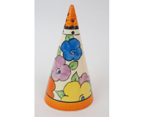 A CLARICE CLIFF BIZARRE CONICAL SUGAR SHAKER IN POPLAR PATTERN painted in colours with flowers and trees, printed marks to ba