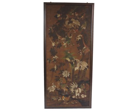 A CHINESE PAINTED PANEL depicting a phoenix and many other exotic bird amongst foliage, signed top left, late 19th Century, 1