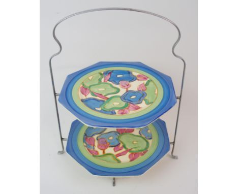 A PAIR OF CLARICE CLIFF BIZARRE BLUE CHINTZ PLATES of hexagonal shape, circa 1932, 19cm diameter, on a chromed two tier cake 