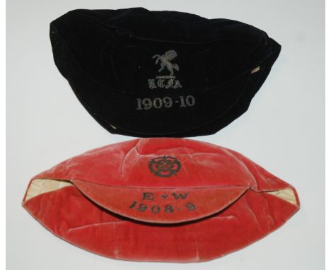 A PINK ENGLAND V. WALES AMATEUR INTERNATIONAL CAP, 1908-09 and an amateur domestic cap, 1909-10, a sepia-toned studio portrai