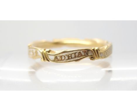 A BRIGHT YELLOW METAL AND WHITE ENAMEL GEORGE II MOURNING RING inscribed to the edge 'Adrian John Swelte Ob 25, Dec 1755 Aet 