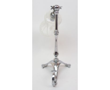 A CHROMED W.A.S. BENSON STYLE TABLE/WALL LIGHT with fleur de lys terminals and a white vaseline glass shade decorated with fl