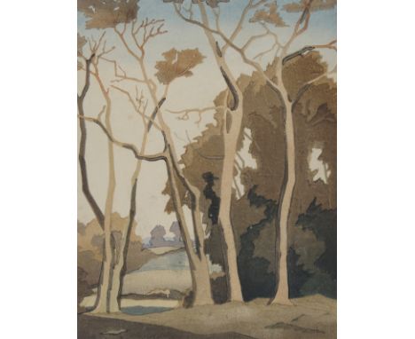 •ERIC SLATER (BRITISH 1896-1963) AUTUMN Coloured woodblock, signed, inscribed with title and dated 1927, 21.5 x 16.5cm (8 1/2