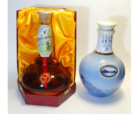 A BOTTLE OF ISLE OF SKYE 21 YEAR OLD WHISKY 40% vol, 70cl, in blue Wade ceramic decanter, Glen Avon 8 year old malt whisky in