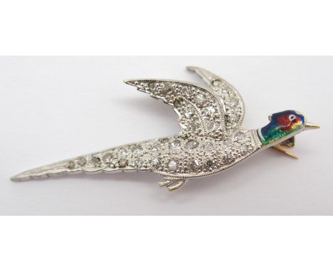 A DIAMOND AND ENAMEL PHEASANT BROOCH mounted in yellow and white metal set with estimated approx 0.50cts of eight cut and ros