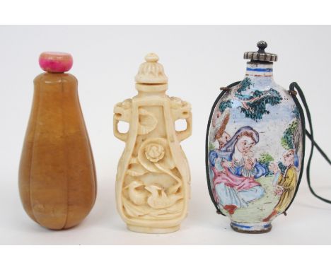 A CHINESE HARDSTONE FRUIT SHAPED SNUFF BOTTLE AND STOPPER 6cm high, ivory snuff bottle carved with birds, 6.5cm high and a Eu