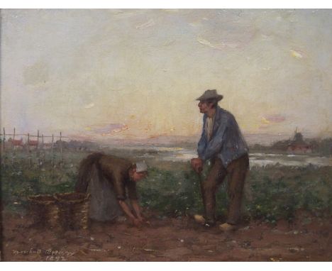 WILLIAM MARSHALL BROWN RSA, RSW (SCOTTISH 1863-1936) POTATO LIFTING Oil on canvas, signed and dated 1892, 20.5 x 25.5cm (8 x 