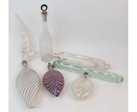 A COLLECTION OF NAILSEA GLASS ITEMS including a teardrop pink and white flask with silver fox stopper, two clear examples, a 