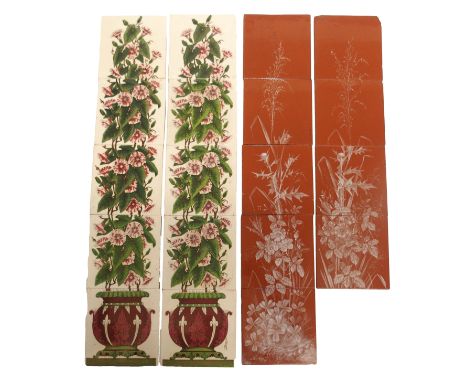 A TERRACOTTA FIVE TILE FIRE INSERT PANEL painted in white enamel with dog roses, thistles and grasses, indistinctly signed, a