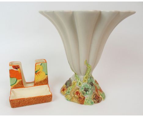 A CLARICE CLIFF BIZARRE NASTURTIUM PATTERN CIGARETTE HOLDER AND ASHTRAY with printed marks to base, 8cm high, together with a