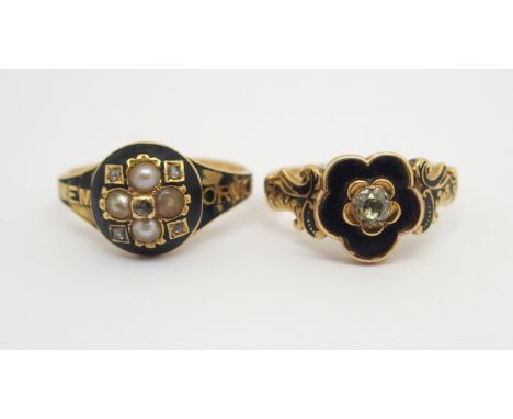 TWO DIAMOND SET MOURNING RINGS the first 18ct with black enamel, a pearl set flower interspaced with rose cut diamonds, barin