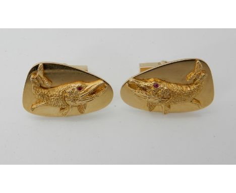 A PAIR OF 14K TIFFANY FISH CUFFLINKS WITH RUBY EYES circa 1970's stamped Tiffany to both the 'T' bar  and the reverse of the 