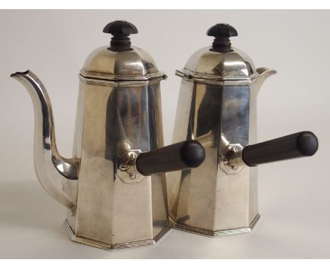 A SILVER TWO-PIECE CAFE AU LAIT SET by Harrison Bros Howson (George Howson), Sheffield marks, rubbed date letter, of tapering