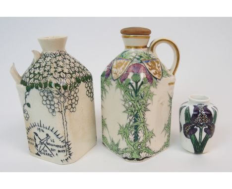 EDWARD OVERTON JONES (1889-c.1959) a pottery bottle hand painted with thistles and four gilt lion rampants in shield shape su