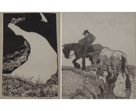 •EDMUND BLAMPIED RBA, RE (BRITISH 1886-1966) HEAVY HORSES Conte and bodycolour, signed, 14 x 12cm (5 1/2 x 4 3/4") WINDING RO