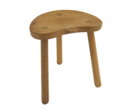 A ROBERT "MOUSEMAN" THOMPSON THREE LEGGED OAK STOOL with kidney shaped top with octagonal legs, with signature mouse, 45cm hi