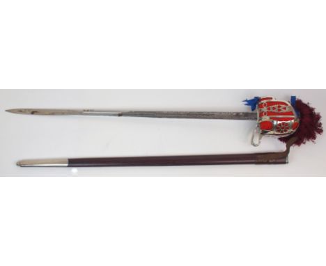 A BLACK WATCH OFFICER'S BROAD SWORD by Wilkinsons, London circa 1970, the wire bound sharkskin hilt with steel basket, the fu