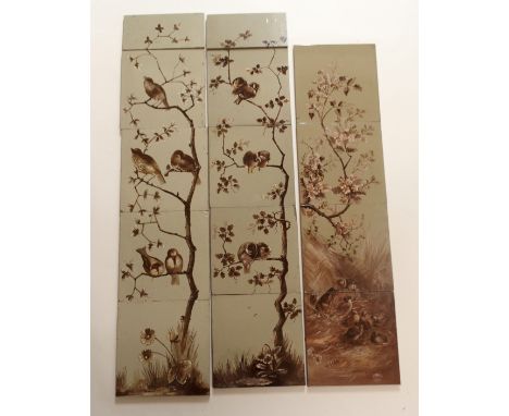 A PAIR OF STEELE AND WOOD TILE FIREPLACE INSERTS each set of five tiles (four 20.7cm square and a half tile) painted with bir