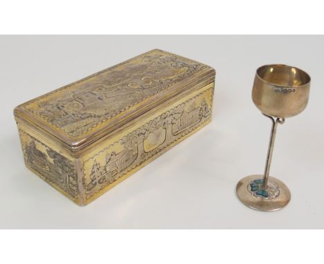 A LATE 18TH CENTURY SILVER GILT BOX no maker's marks, London 1791, of rectangular form with hinged cover, embossed with sever