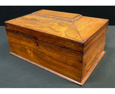 A Victorian rosewood sarcophagus tea caddy / jewellery box, later fitted interior, 16cm high x 31cm wide x 21cm, c.1860. 