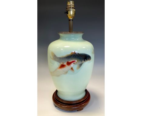 A Japanese cloisonné ovoid vase, decorated with fish on a celadon ground, silver fittings, mounted as a table lamp, 28.5cm hi