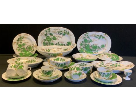 A 19th century Spode Bamboo pattern part table service, decorated with green bamboo and peonies, gilt highlights, pattern no 